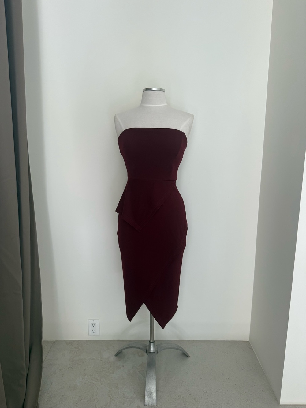 ASOS Strapless Peplum Tulip Hem Midi Dress in Burgundy
